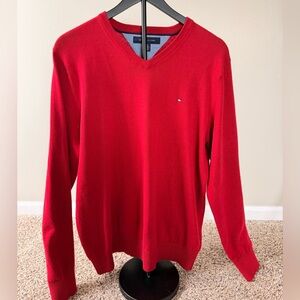 Tommy Hilfiger 100% Cotton Red V-Neck Sweater - Size L